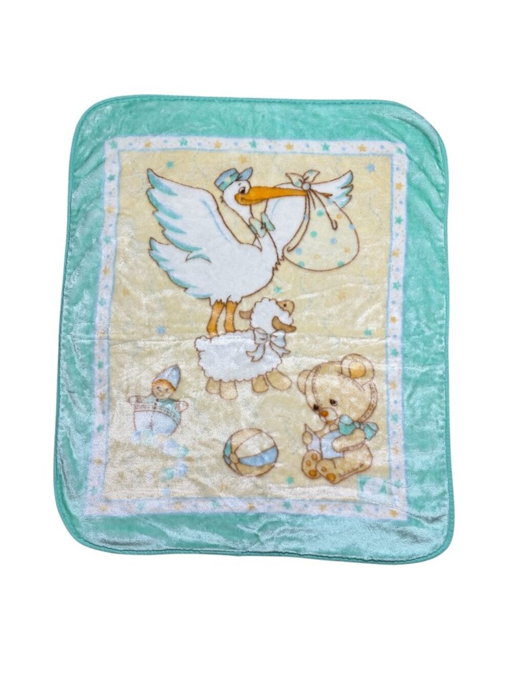 Rare Vintage Novatex Plush Baby Blanket Stork Teddy Bear Lamb Nursery Unisex